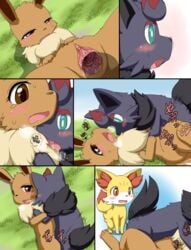 1girls 2boys blush canine clitoris comic eevee female female_penetrated fennekin feral feral_on_feral fur furry furry_only gaping group half-closed_eyes heavy_breathing hi_res koorinezumi male male/female male_penetrating male_penetrating_female nintendo penetration pokémon_(species) pokemon pokemon_(species) pussy sex tail text urethra vaginal_penetration video_games zorua