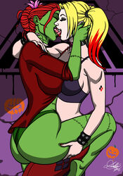 2d 2girls canon_couple dc dc_comics green-skinned_female green_skin halloween harley_quinn kaywest kissing lipstick multiple_girls pamela_isley pigtails poison_ivy thong tongue_kiss tongue_out yuri