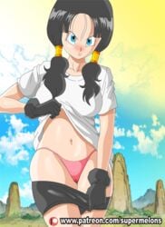 1girls animated bike_shorts bike_shorts_pull dragon_ball dragon_ball_z female female_only gif nudity panties panties_removed patreon solo super_melons text twintails undressing upskirt videl