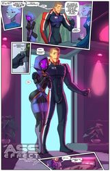 1boy alien alien_girl asari ass blue_skin blush bodysuit bulge cameltoe clothing comic commander_shepard dat_ass dialogue english_text eyeshadow female fred_perry hips hotel human humanoid love_hotel male maleshep mass_effect parody parody_porn penis_bulge pink_eyeshadow purple_skin quarian smile speech_bubble straight tali'zorah_nar_rayya thick thick_ass thick_legs thick_thighs wide_hips