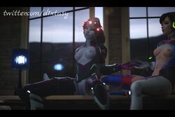 2girls 3d alternate_costume bodysuit breasts cinema4d d.va d1xtasy female female_only gloves looking_at_viewer nipples overwatch purple_skin pussy red_eyes spider_widowmaker spread_legs widowmaker yuri