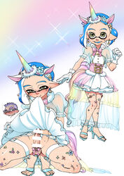 2boys animal_ears blue_hair blush crossdressing dark_skin dress dress_lift earrings erection fangs femboy fishnet_legwear fishnets green_eyes high_heels highres horn horse_ears horse_tail inkling jewelry kouhai_(souzaipan) lifted_by_self looking_at_viewer looking_away multiple_boys no_panties orange_eyes over-rim_eyewear penis penis_ribbon pointy_ears purple-framed_eyewear purple_hair rainbow ribbon semi-rimless_eyewear senpai_(souzaipan) short_ponytail souzaipan sparkle spiked_hair splatoon splatoon_(series) sweat tail tentacle_hair thighhighs trap white_dress white_legwear