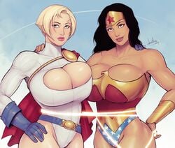 2girls big_breasts breasts cleavage dc dc_comics devil_hs diana_prince female female_only gal_gadot huge_breasts karen_starr leotard looking_at_viewer muscles muscular muscular_female power_girl superheroine superman_(series) thick_thighs wide_hips wonder_woman wonder_woman_(series)