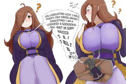 aqua_(konosuba) asphyxiation breast_crush breast_hold breast_press breast_squeeze english_text giantess kono_subarashii_sekai_ni_shukufuku_wo! size_difference smothering teniko text tiny unaware wiz_(konosuba)