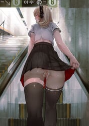 1girls absurdres bang5410 bangs black_legwear black_skirt blonde_hair blush censored censored_anus censored_pussy escalator eyebrows_visible_through_hair female from_behind girls'_frontline hair_between_eyes headgear highres indoors long_hair looking_at_viewer looking_back m4_sopmod_ii_(girls'_frontline) mosaic_censoring multicolored_hair no_panties parted_lips pleated_skirt pussy pussy_juice red_eyes school_uniform shirt skirt smile sticky_tape sweat thighhighs vibrator white_shirt