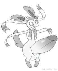 1boy 2019 3_toes anthro balls big_balls big_penis eeveelution huge_balls huge_cock humanoid_penis hyper hyper_penis leg_markings looking_at_viewer male male_only mammal markings monochrome nintendo penis pokémon_(species) pokemon pokemon_(species) pokemon_xy simple_background smushpretzel socks_(marking) solo sylveon toes video_games