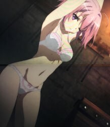 bra breasts calm chained chained_up choujin_koukousei-tachi_wa_isekai_demo_yoyuu_de_ikinuku_you_desu! cropped_legs dungeon female high_school_prodigies_have_it_easy_even_in_another_world! medium_breasts one_eye_closed panties pink_hair purple_eyes screencap shinobu_sarutobi slim_waist stomach thinking tied_up torture white_bra white_panties wide_hips wink winking