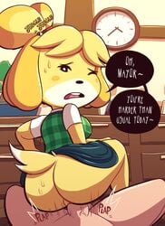 2019 animal_crossing anthro ass bell bodily_fluids bottomwear canid canine canis clothing domestic_dog female female_penetrated first_person_view fur hi_res human human_on_anthro interspecies isabelle_(animal_crossing) male male_penetrating male_penetrating_female mammal nintendo penetration shih_tzu skirt solo_focus steecks straight sweat toy_dog vaginal_penetration video_games yellow_body yellow_fur