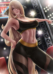 1girls abs alternate_breast_size alternate_outfit armpits belly big_breasts blonde blonde_female blonde_hair blonde_hair_female breasts cleavage clothing cynthia_(pokemon) eye_contact eyes_visible_through_hair female female_only fit fully_clothed grey_eyes hair_over_one_eye half-closed_eyes high_resolution highres human human_only large_breasts limgae long_hair looking_at_viewer midriff navel pokemon pokemon_champion pokemon_dppt solo source_request sportswear text thigh_gap underboob url watermark