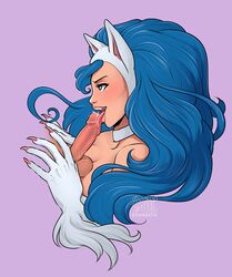 1boy 1girls animal_ears balls blowjob blue_eyes blue_hair blush cat_ears catgirl claws darkstalkers erection facial felicia_(darkstalkers) fellatio female happy happy_sex large_breasts long_hair male nude oral penis penis_lick saliva simple_background smile soushiyo straight testicles white_hair