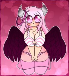 1girls big_breasts big_eyes blush bra byternomar cleavage cute demon_girl fallen_angel female heart-shaped_pupils horns keyhole lingerie looking_at_viewer original_character panties pink_eyes pink_hair skimpy skimpy_clothes skirt solo solo_female solo_focus succubus thighhighs wings