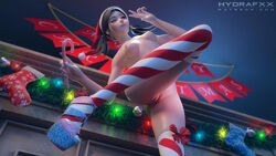 1girls 3d alternate_costume areolae blender breasts christmas d.va female female_only hydrafxx nipples open_toe_shoes overwatch pussy solo thighhighs wallpaper