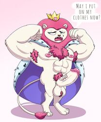 anthro_only armpit_hair ball_tuft balls beauty_mark body_hair cartoon_network chest_tuft crown english_text erection felid flexing full_body furry furry_only gay hairy hi_res king king_snugglemagne_xxv lion lion_tail male male_only mammal mane mao_mao:_heroes_of_pure_heart mkcrown muscular muscular_male mushroom_penis nipples nude pantherine penis pubic_tuft question reluctant royalty tail_tuft text thick_penis tuft white_body wide_penis