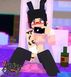 3d angel-matty angelmatty ashley_succubi black_hair breasts bunny_ears bunny_girl character commission demon_girl female glasses masturbation mine-imator minecraft no_panties red_eyes selfie stockings succubus tagme tattoo