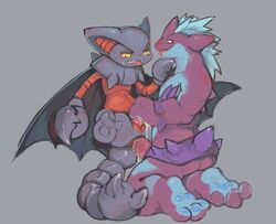 2boys anal anal_sex anthro ass bat blue_body bodily_fluids cum cum_in_ass cum_inside cum_on_hand duo feral gay genital_fluids gliscor grey_background hi_res kneeling male male_penetrated male_penetrating male_penetrating_male nintendo penetration penis pokémon_(species) pokemon pokemon_dppt pokemon_ss portrait purple_body scalie simple_background soles tears tongue tongue_out toxtricity video_games yaoi yellow_sclera zeetar