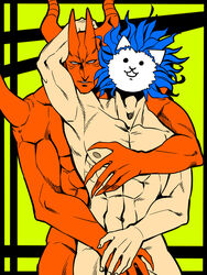 abs animal_humanoid biceps blue_hair covering covering_crotch dark_emperor_nyandam demon duo gay hair hand_on_head hi_res horn humanoid male male/male muscular muscular_male nipples nude pecs red_body the_battle_cats the_cat_god yaoi