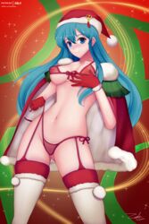 1girls blue_hair cape christmas christmas_outfit eirika_(fire_emblem) eirika_(winter)_(fire_emblem) fire_emblem fire_emblem:_the_sacred_stones fire_emblem_heroes gloves lingerie nipples panties partially_clothed santa_hat see-through see-through_bra see-through_panties solo_female stockings string_bra string_panties taking_clothes_off thighhighs underwear undressing zelc-face