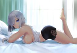 alternate_costume arched_back backlighting bare_legs barefoot bed black_shorts blue_eyes blush breasts closed_mouth curtains eyebrows_visible_through_hair eyes_visible_through_hair female from_side gloves hair_ornament hair_over_one_eye hairclip hamakaze_(kantai_collection) highres indoors kantai_collection large_breasts looking_at_viewer looking_to_the_side lying on_bed on_stomach pillow short_hair shorts sideboob silver_hair sleeveless smile solo tank_top wa_(genryusui) white_gloves