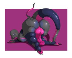 1boy 2019 3_toes 5:4 anthro armwear ass ass_up big_ass border clothing eye_contact girly half-closed_eyes hi_res huge_ass humanoid_penis legwear looking_at_viewer male male_salazzle nintendo penis pokémon_(species) pokemon pokemon_sm presenting presenting_hindquarters reptile rule_63 salazzle scalie shadow signature simple_background solo suirano thick_thighs toes video_games white_border wide_hips