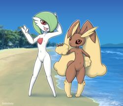 2019 3_fingers 3_toes anthro beach biped black_sclera blue_sky day duo female fingers flat_chest flat_chested front_view gardevoir hi_res humanoid looking_at_viewer lopunny navel nintendo nipples no_breasts nude outside pokémon_(species) pokemon pokemon_(species) pussy red_eyes seaside sky standing toes video_games water zekromlover