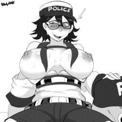 1girls astral_chain baseball_cap blush bodyattk breasts breasts_out glasses huge_breasts marie_wentz monochrome solo sweat