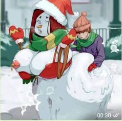 1boy 1girls anthro artist_request christmas lowres nipple_slip one_eye_closed snowman snowwoman