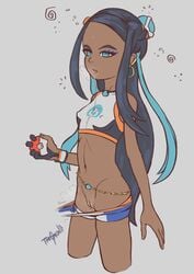 1girls abs assisted_exposure breasts clothed dark_skin drooling female gmun half-closed_eyes human human_only hypnosis midriff mind_control nessa_(pokemon) nintendo pokemon pokemon_ss pussy saliva shorts small_breasts smell text vagina watermark