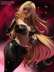 1girls breasts choker cleavage devil_may_cry devil_may_cry_5 eating female female_only food long_hair looking_away pizza solo tight_pants trish_(devil_may_cry) v1mpaler very_long_hair