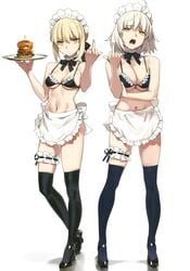 2girls angry annoyed annoyed_expression apron artoria_pendragon artoria_pendragon_(alter) artoria_pendragon_(swimsuit_rider_alter) black_legwear black_shoes black_thighhighs blonde_hair blue_legwear blue_thighhighs collar dress_shoes fate_(series) female female_only food frilled_bra garter jeanne_alter maguro_mayonnaise maid maid_headdress middle_finger navel open_mouth servant serving_tray simple_background standing thighhighs white_background yang-do yellow_eyes