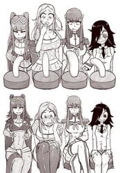 4girls before_and_after clothing comic dildo dildo_chair dildo_sitting embarrassed female female_only fire_emblem fire_emblem_awakening huge_breasts kill_la_kill kiryuuin_satsuki kuroki_tomoko moaning multiple_girls naughty_face nintendo okita_kyouko okusan seductive seductive_smile smile tharja_(fire_emblem) thetenk watashi_ga_motenai_no_wa_dou_kangaetemo_omaera_ga_warui!