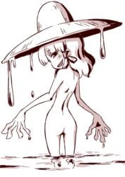 eyebrows_visible_through_hair frog_girl looking_back nude slimy smile sonson_(eleven) straw_hat suwako_moriya tasteful_nudity touhou water wet