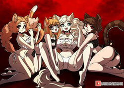 4girls :3 ahoge animal_ears ann_takamaki bell_collar big_ass big_breasts cat_ears cat_lingerie cat_tail cleavage cleavage_cutout eyebrows_visible_through_hair fangs female_only fluffy_hair glasses haru_okumura headband kinkymation makoto_niijima multiple_girls persona persona_5 sakura_futaba short_hair thick_eyelashes thick_thighs twintails