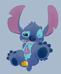 2012 4_fingers 4_toes alien anus ball_tuft balls black_eyes blue_background blue_body blue_claws blue_fur blue_nose blue_pawpads bodily_fluids buttplug chest_tuft claws cum disney experiment_(lilo_and_stitch) fingers fur genital_fluids head_tuft lilo_and_stitch looking_at_viewer male male_only monkeysuit one_eye_closed open_mouth open_smile pawpads penis sex_toy simple_background small_tail smile solo stitch tapering_penis toes tuft wink