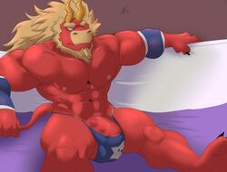 abs anthro armlet balls beard bed biceps big_balls big_muscles biped black_claws blue_clothing brown_background bulge claws clothed clothing demon eyebrows facial_hair feet furniture gardie_(otukimi) hair horn hyper male male_only muscular muscular_male navel nipples on_bed pecs penis red_body red_skin simple_background sitting solo star tan_hair thick_eyebrows thick_thighs toes under_covers waffle_(artist) white_eyes yellow_horn