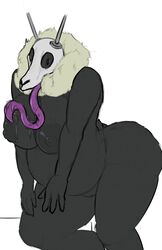 2019 anthro antlers areola ass big_breasts big_butt black_body black_skin bodily_fluids bone breasts capreoline cervid female female_only fingers freckles fur hellspawn_(yerbabuena) hi_res horn huge_butt long_tongue looking_at_viewer mammal nipples nude presenting pussy saliva seductive skull solo tan_body tan_fur tongue yerbabuena