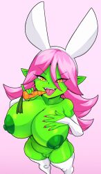 1girls big_breasts bunny_ears dart_(thecon) goblin goblin_female green-skinned_female green_skin licking looking_at_viewer nipples nude_female plain_background shortstack smiling thecon thick_thighs thighhighs voluptuous_female