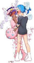 2boys blush cheerleader converse crossdressing dark_skin dress high_tops highres inkling looking_at_viewer male_only multiple_boys orange_eyes over-rim_eyewear pink_dress pink_legwear pom_poms pose purple-framed_eyewear purple_hair semi-rimless_eyewear senpai_(souzaipan) shoes sneakers souzaipan spiked_hair splatoon splatoon_(series) striped striped_legwear sweatdrop tentacle_hair yaoi