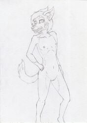 absurd_res anthro biped breasts brown_hair canid canine canis digitigrade dingo female flat_chested green_eyes hair hi_res mammal nude pussy simple_background sketch smile thankfullorris white_background