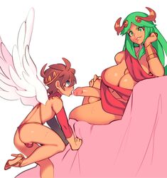 1boy 1futa absurdres androgynous angel big_breasts big_penis breasts cleavage combos-n-doodles dickgirl erection femboy foreskin futa_is_bigger futa_on_male futanari girly goddess high_heels highres horny kid_icarus large_breasts male nintendo palutena penis penis_size_difference pit pit_(kid_icarus) trap uncut