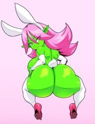 1girls bunny_ears bunny_tail dart_(thecon) goblin goblin_female green_skin high_heels huge_ass looking_at_viewer looking_back pink_hair pink_heels sharp_ears shortstack smiling squatting thecon thighhighs