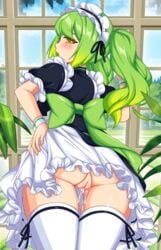 1girls bent_over crush_crush dripping_pussy female green_hair looking_at_viewer looking_back maid maid_headdress maid_uniform no_panties nutaku sad_panda_studios solo thighhighs twintails uncensored willow_(crush_crush) yellow_eyes