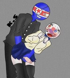 black_stockings blue_skin blue_skirt blush clothed countryhumans crossdressing eyepatch femboy gay heterochromia holding_penis male/male north_korea north_korea_(countryhumans) school_uniform schoolboy_uniform schoolgirl_uniform selfcest shocked sleeves_rolled_up south_korea south_korea_(countryhumans) white_skin