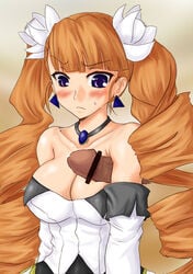 arcana_heart armpit_sex blue_eyes blush breasts censored cleavage drill_hair earrings jewelry outercourse penis petra_johanna_lagerkvist tied_hair twintails