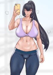 1futa big_breasts black_hair breasts bulge bulge_through_clothing clothed clothing dark_skin fully_clothed futa_only futanari human kswazza leggings light-skinned_futanari light_skin long_hair musk musk_clouds musky_balls musky_cock ponytail selfie solo standing