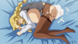 after_sex aku_no_onna_kanbu animated bed blonde_hair blush breasts clothing cum cumpool diana_aamaan glasses huge_breasts nipples orgasm pantyhose sweat twin_braids twintails