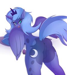 2014 alicorn anthro anthrofied anus ass balls blue_eyes blue_fur blue_hair blush cutie_mark dickgirl equine eyelashes friendship_is_magic fur hair horn intersex long_hair looking_at_viewer looking_back maishida mammal my_little_pony penis plain_background princess_luna_(mlp) solo wings