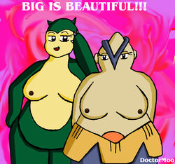 anthro breasts color doctormoo female female_only front_view fur furry hariyama multiple_females nipples obese_female pink_background pokemon snorlax standing what