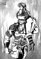 1boy 1girls abs artist_initials ass axe beefy conan conan_the_barbarian_(series) dat_ass demien female horned_helmet human long_hair_female long_hair_male male male_nipples melee_weapon monochrome muscles muscular_male no_visible_genitalia pecs smooth_skinned_male tiara