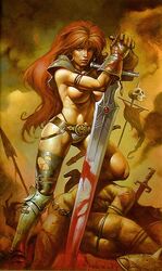 1girls alex_horley background_characters bloody_sword corpse female female_focus long_hair marvel marvel_comics nipples no_visible_genitalia orange_hair red_sonja red_sonja_(comics) solo straight_hair sword thong topless