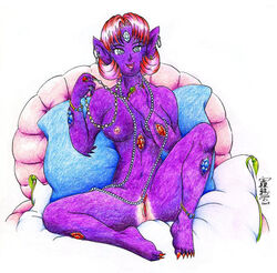 2007 anklet anthro breasts color female female_only front_view jewelry lady_machoke pearl_necklace pillow pokemon purple_skin red_hair sableye short_hair sitting solo vulva